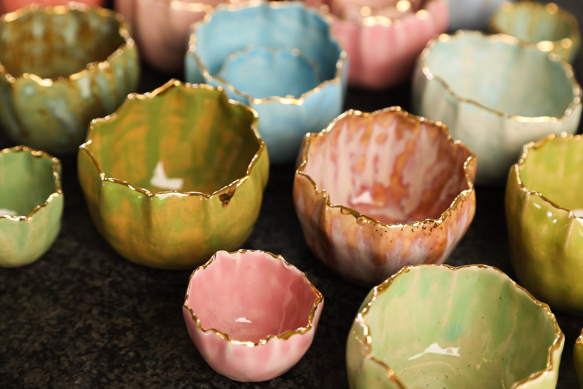 Large Pinch pots  Coloured with gold rim
