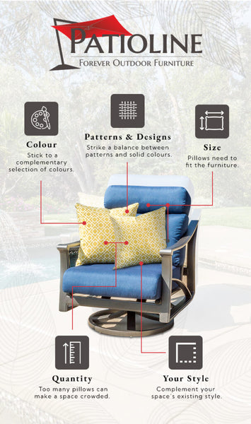 An infographic of tips for choosing the right throw pillows for your outdoor furniture, including colour, pattern, size, quantity, and your style.