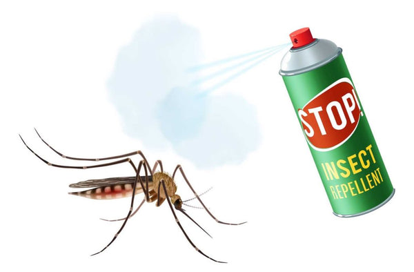 mosquito facing off against bug spray can shooting repellent