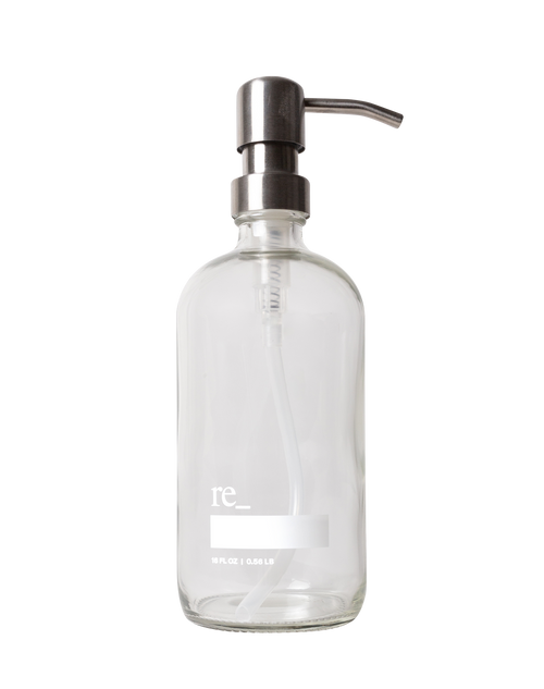 16oz re_ Glass Bottle, Metal Pump re_ clear / silver