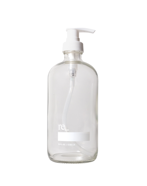 16oz re_ Glass Bottle, Pump re_ clear / white