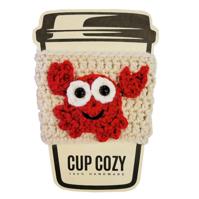 Red Crab Hand Knitted Cup Cozy - Sand Background