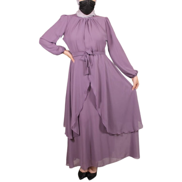 Purple Ruffle Belted Long Dress