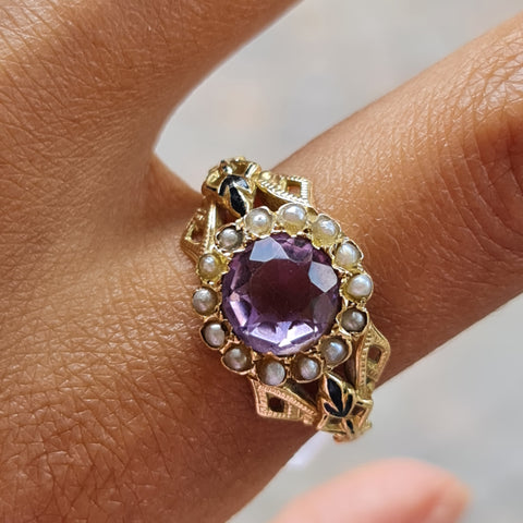 Antiker Amethyst ring mit Saatperlen aus Gelbgold