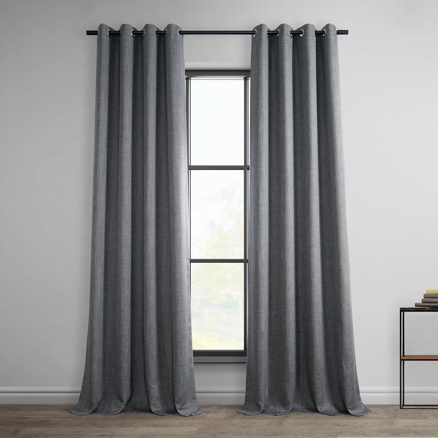 Dark Gravel Grommet Textured Faux Linen Room Darkening Curtain