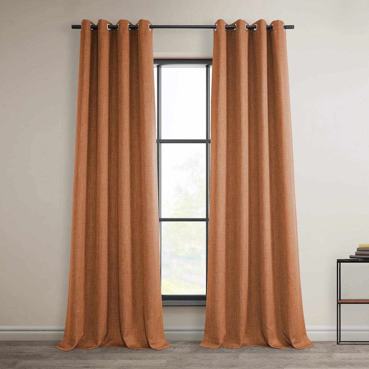 Desert Orange Grommet Textured Faux Linen Room Darkening Curtain