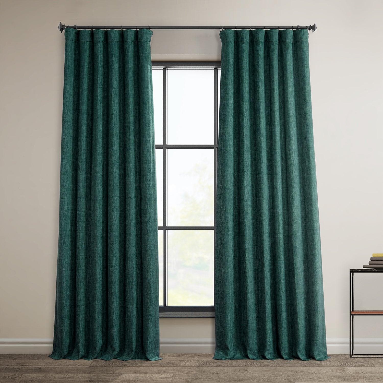 Slate Teal Green Textured Faux Linen Room Darkening Curtain