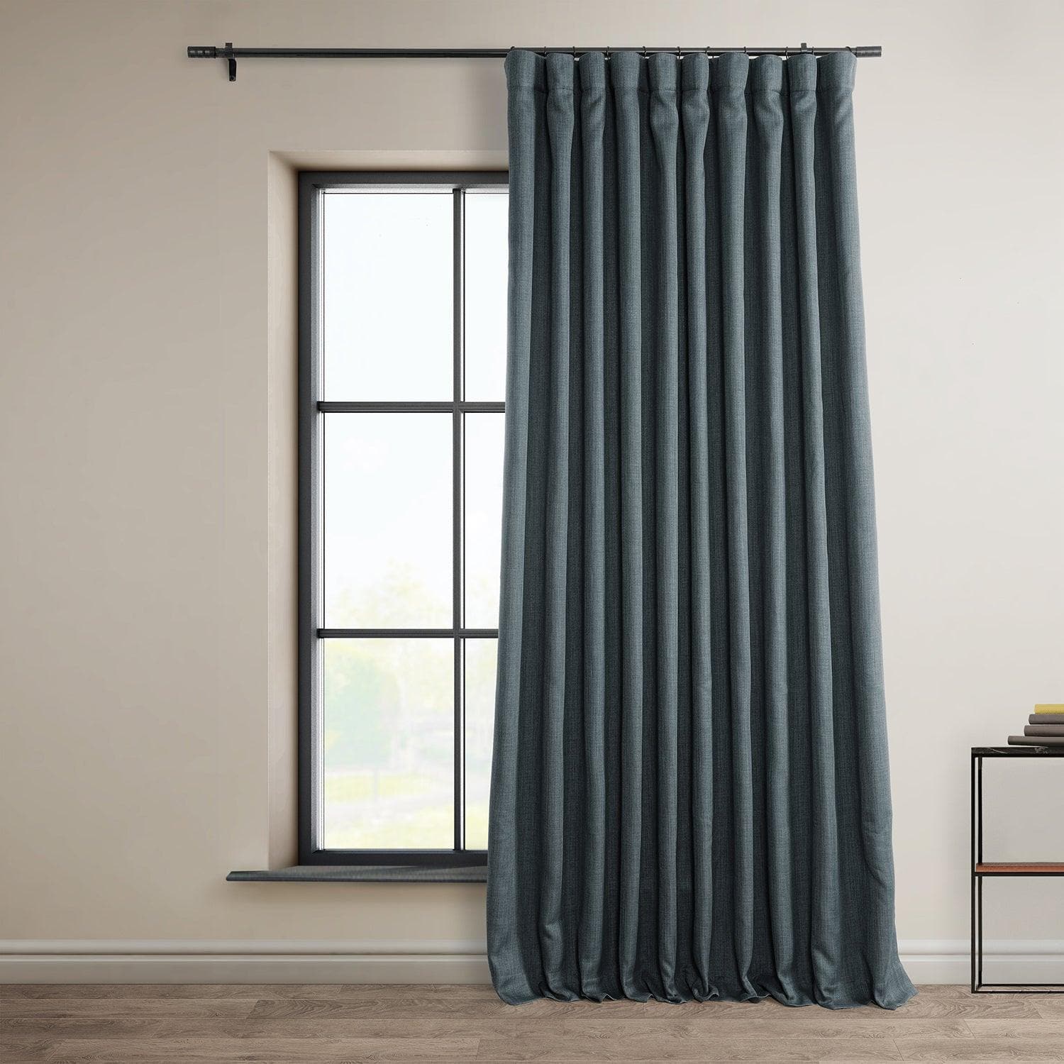 Reverie Blue Extra Wide Textured Faux Linen Room Darkening Curtain