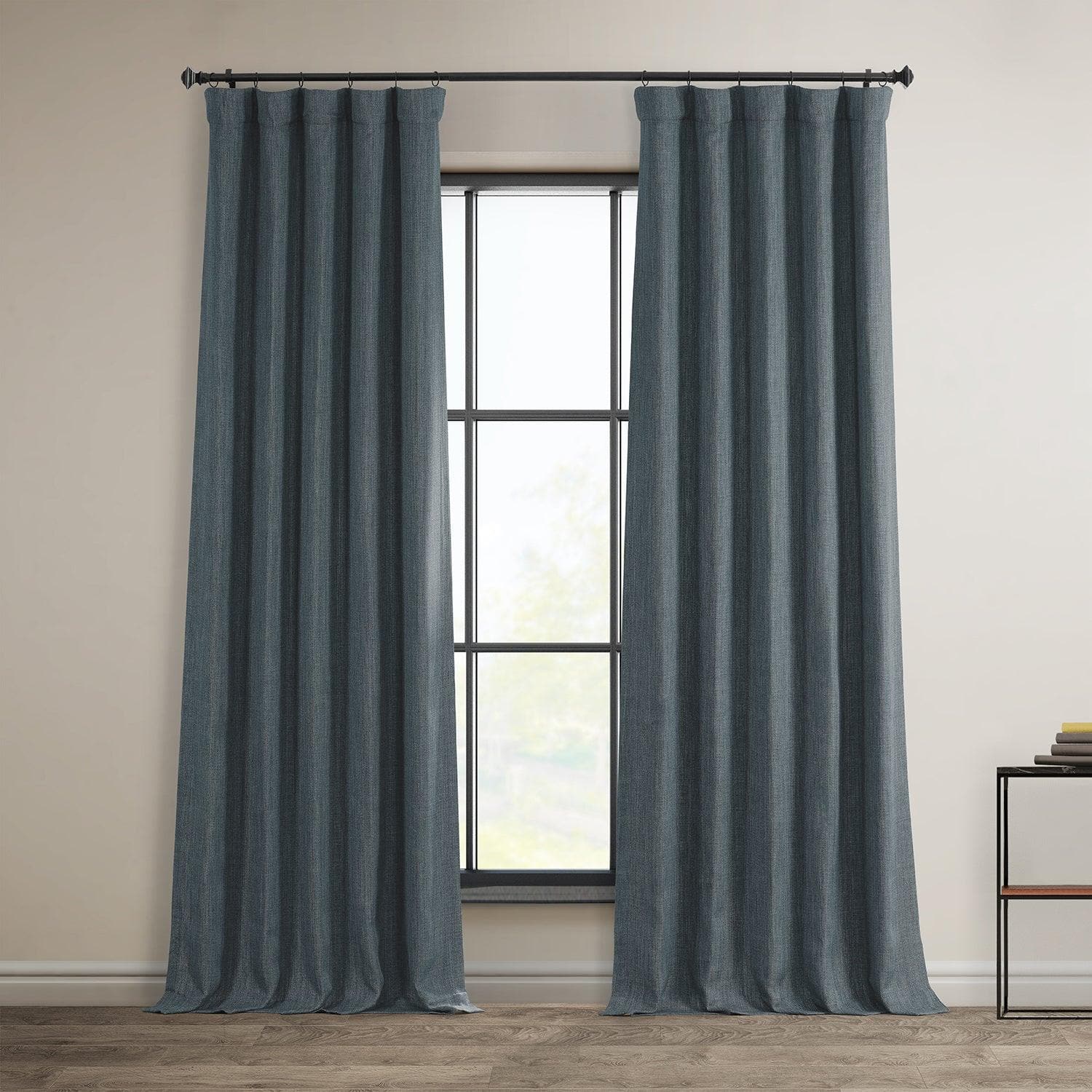 Reverie Blue Textured Faux Linen Room Darkening Curtain