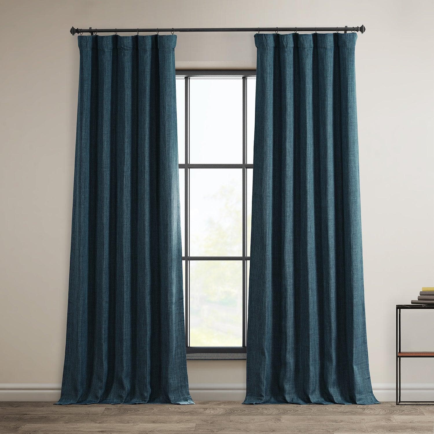 Story Blue Textured Faux Linen Room Darkening Curtain