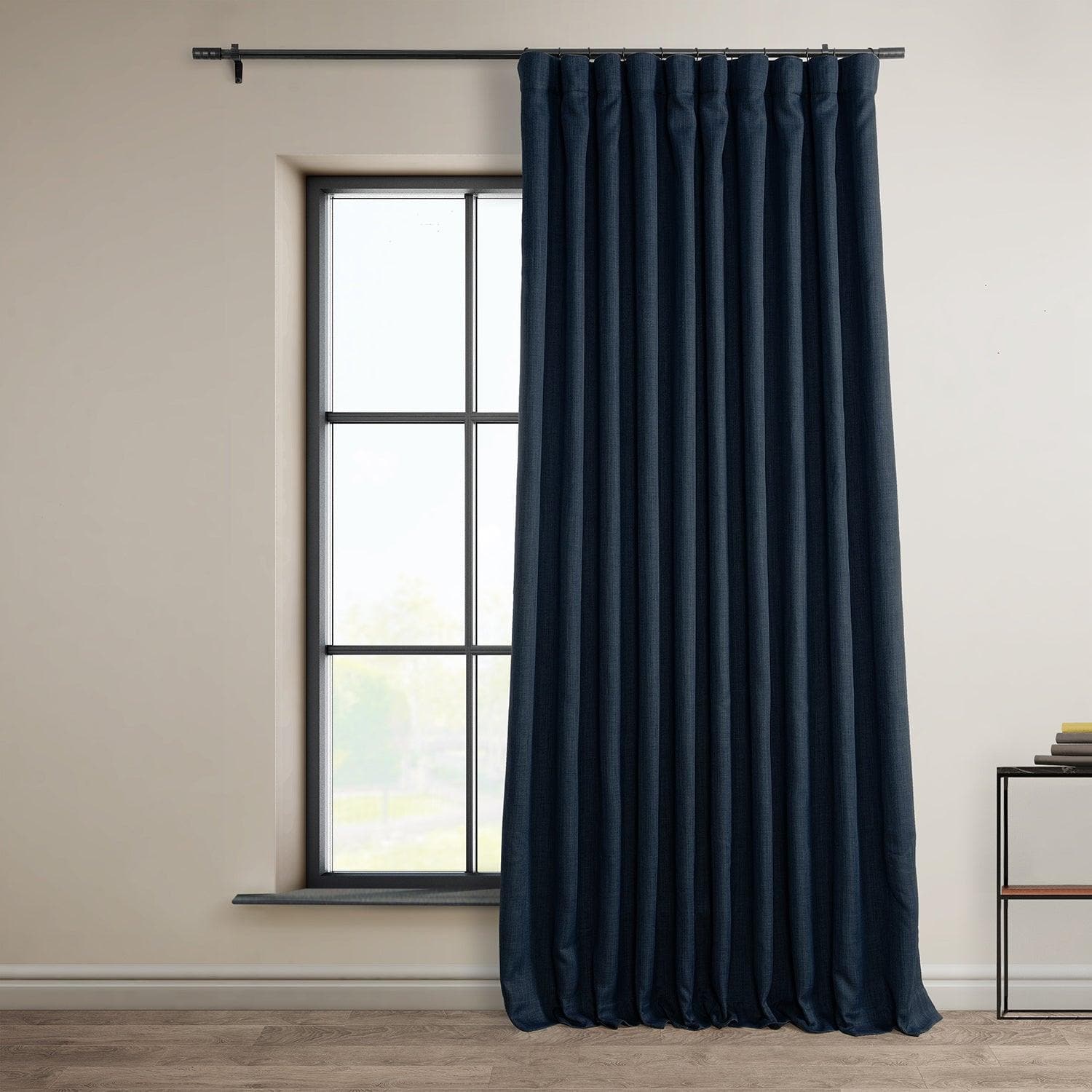 Nightfall Navy Extra Wide Textured Faux Linen Room Darkening Curtain