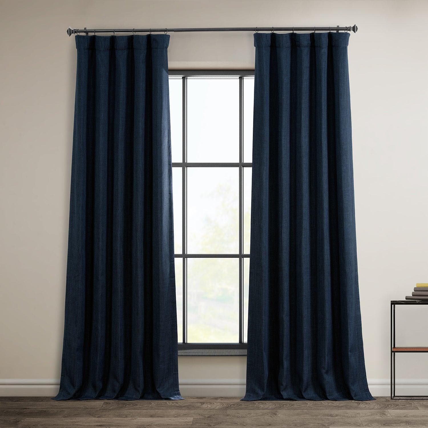 Nightfall Navy Textured Faux Linen Room Darkening Curtain