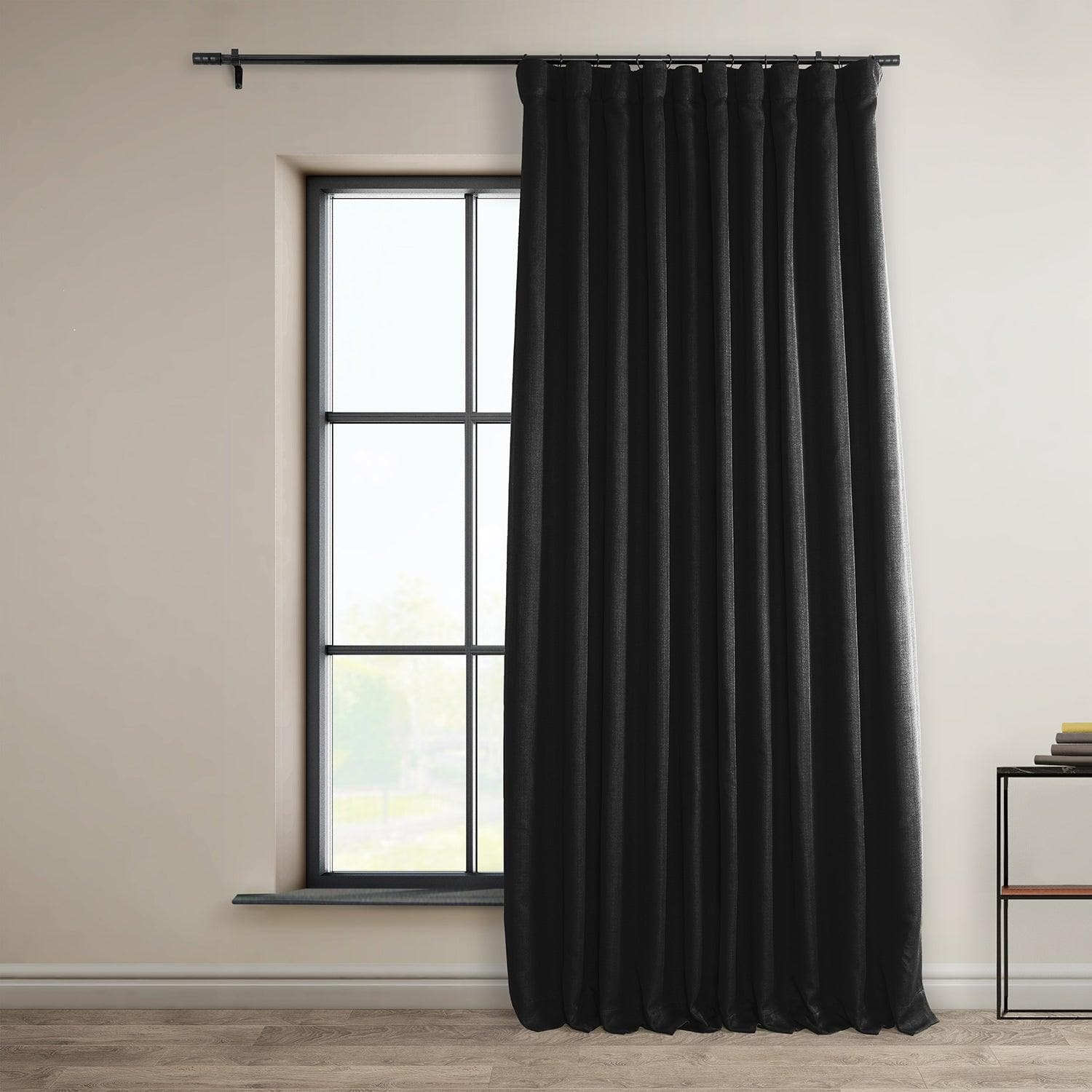 Essential Black Extra Wide Textured Faux Linen Room Darkening Curtain