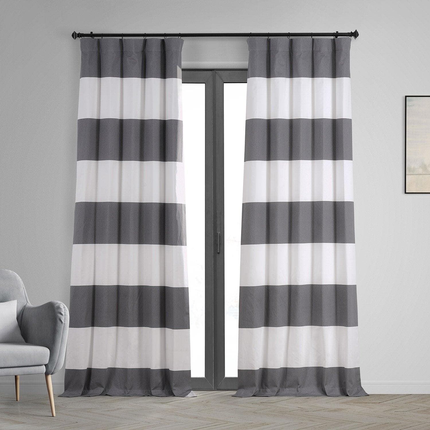 Slate Grey & Off White Horizontal Striped Printed Cotton Hotel Blackout Curtain