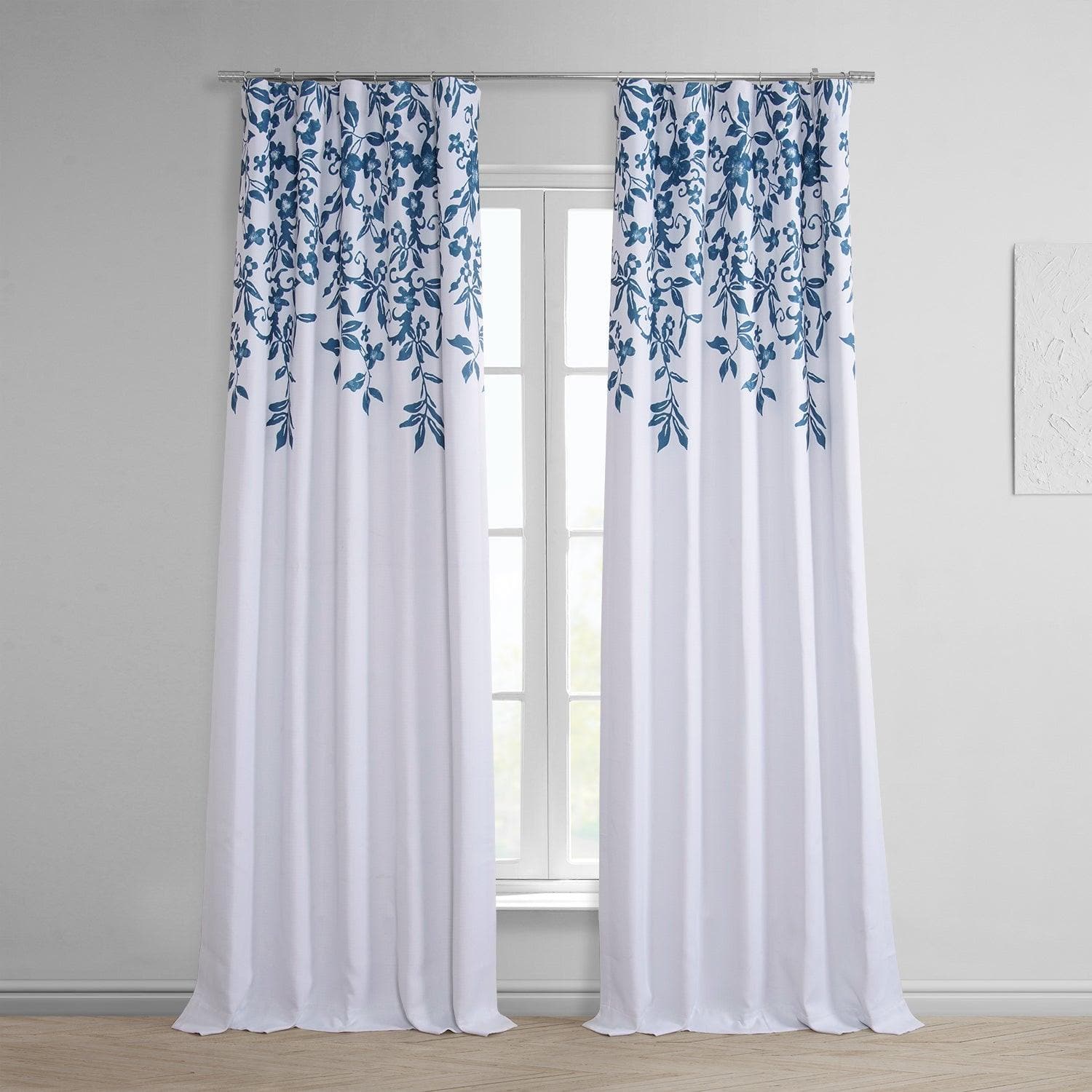 Temple Garden Blue Printed Faux Linen Room Darkening Curtain