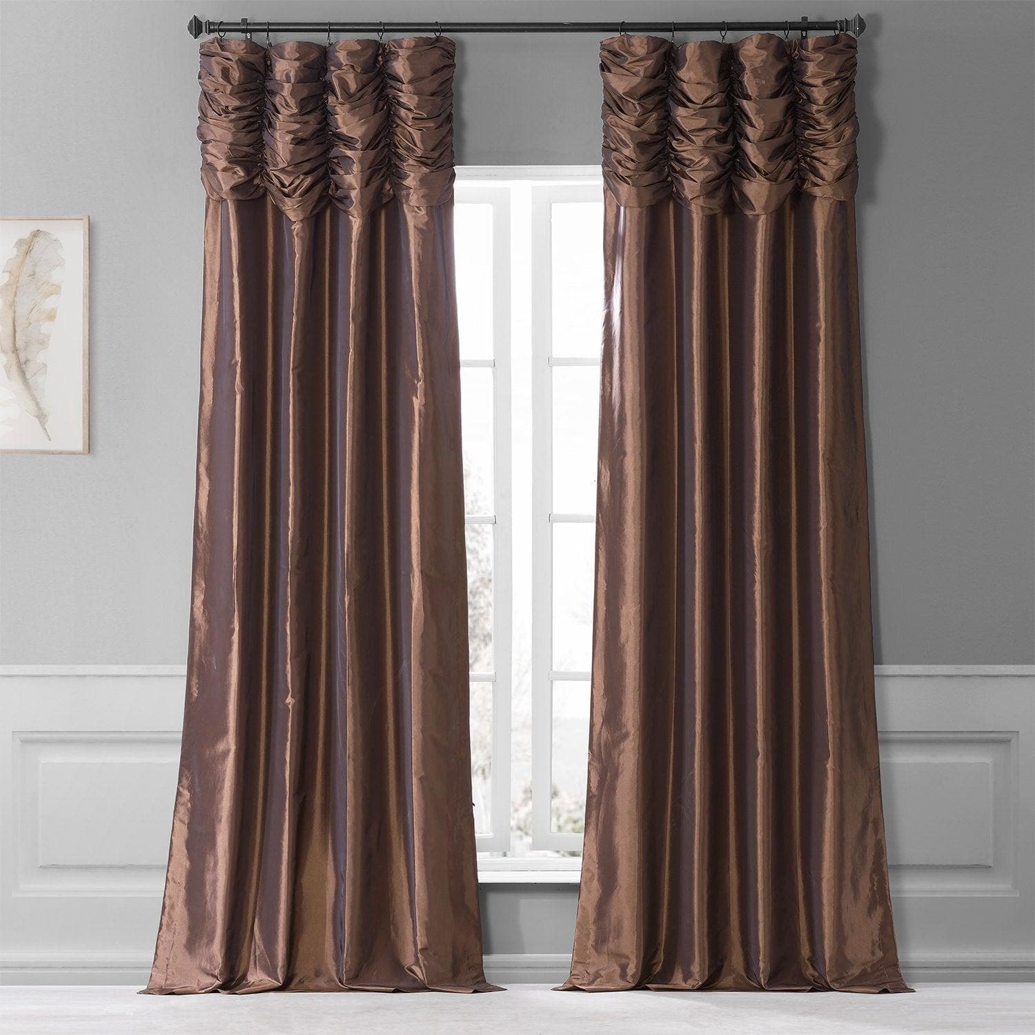 Copper Brown Ruched Solid Faux Silk Taffeta Curtain