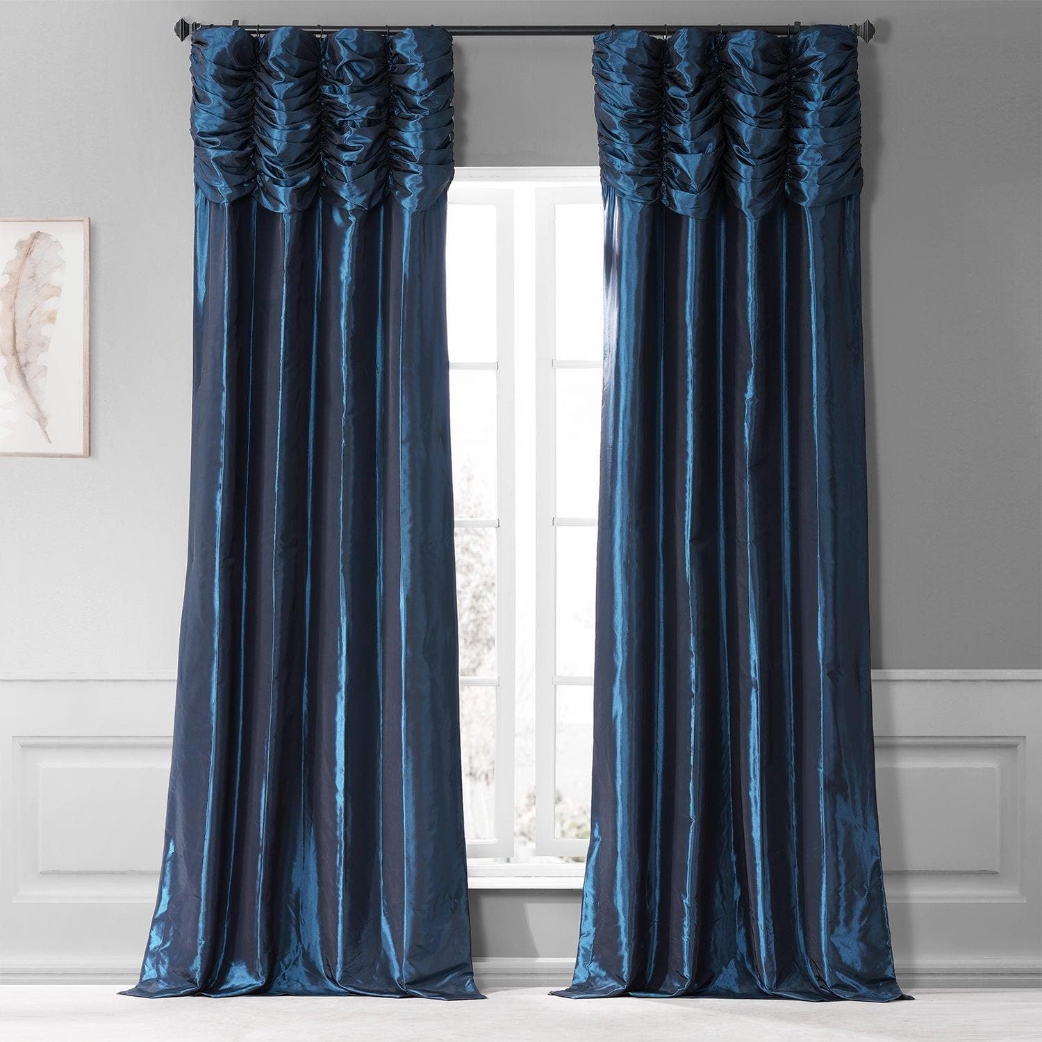 Navy Ruched Solid Faux Silk Taffeta Curtain