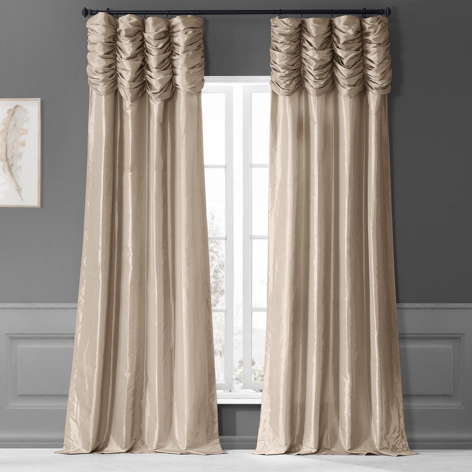 Antique Beige Ruched Solid Faux Silk Taffeta Curtain