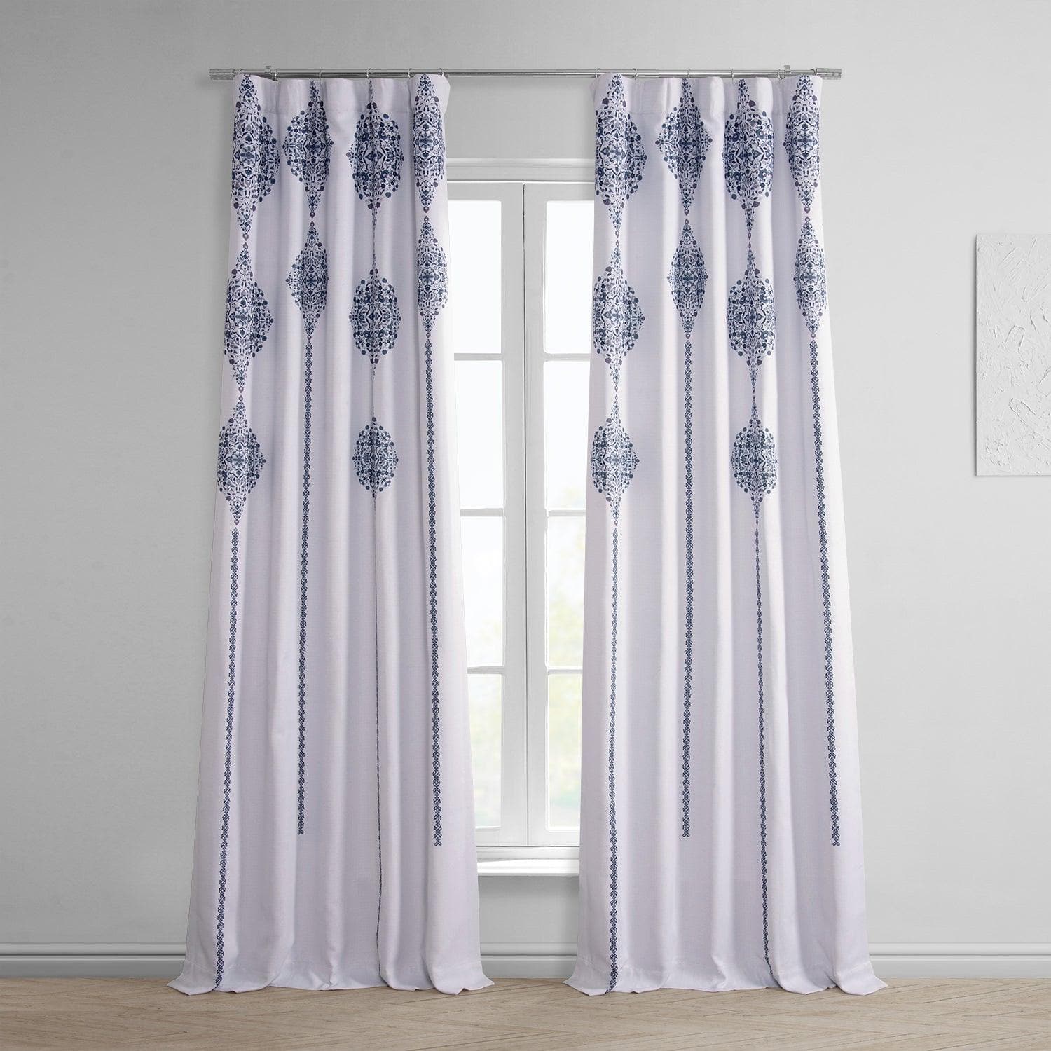 Karachi Navy Printed Faux Linen Room Darkening Curtain