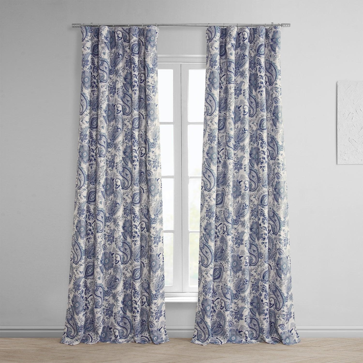 Fullbloom Blue Printed Faux Linen Room Darkening Curtain