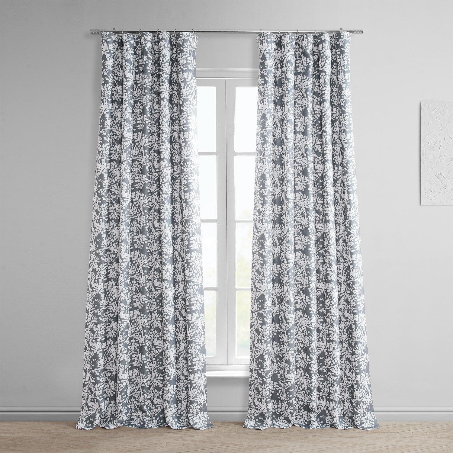 Botanic Grey Printed Faux Linen Room Darkening Curtain