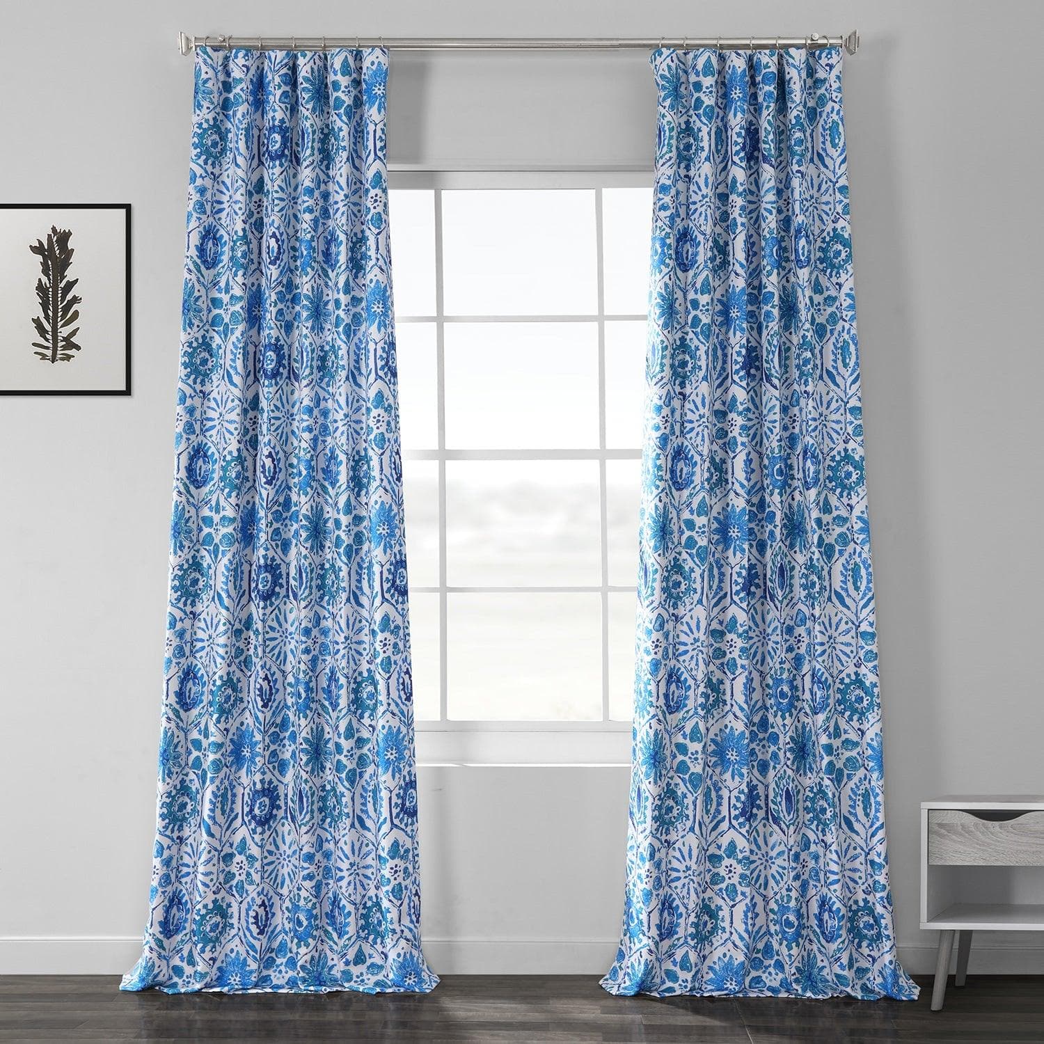 Rio Blue Printed Faux Linen Room Darkening Curtain