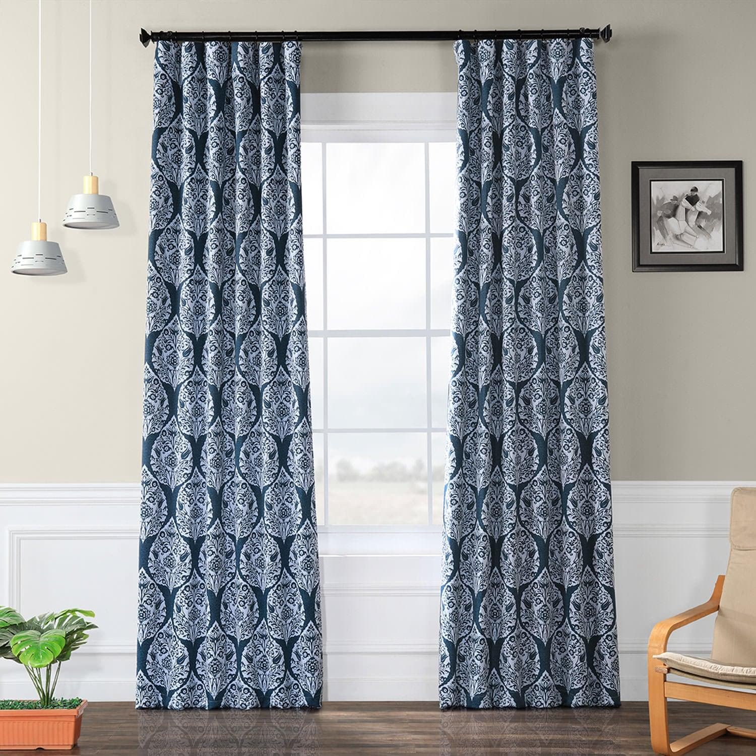 Woodcut Navy Room Darkening Curtain