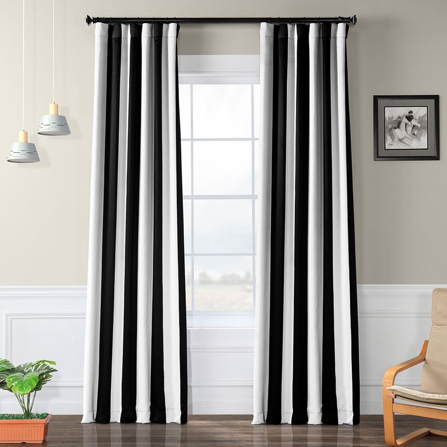 Awning Black & Fog White Striped Room Darkening Curtain