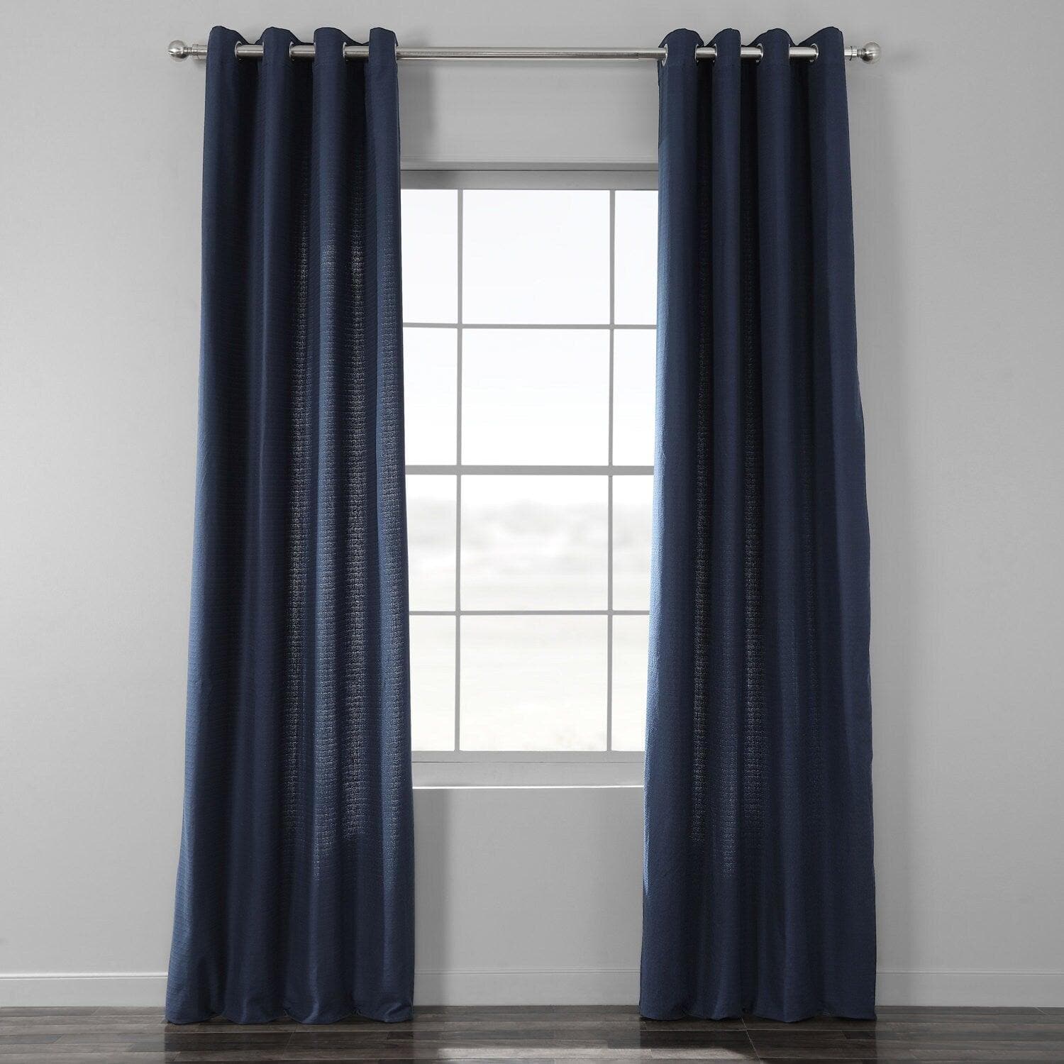 Elegant Navy Grommet Textured Cotton Bark Weave Curtain