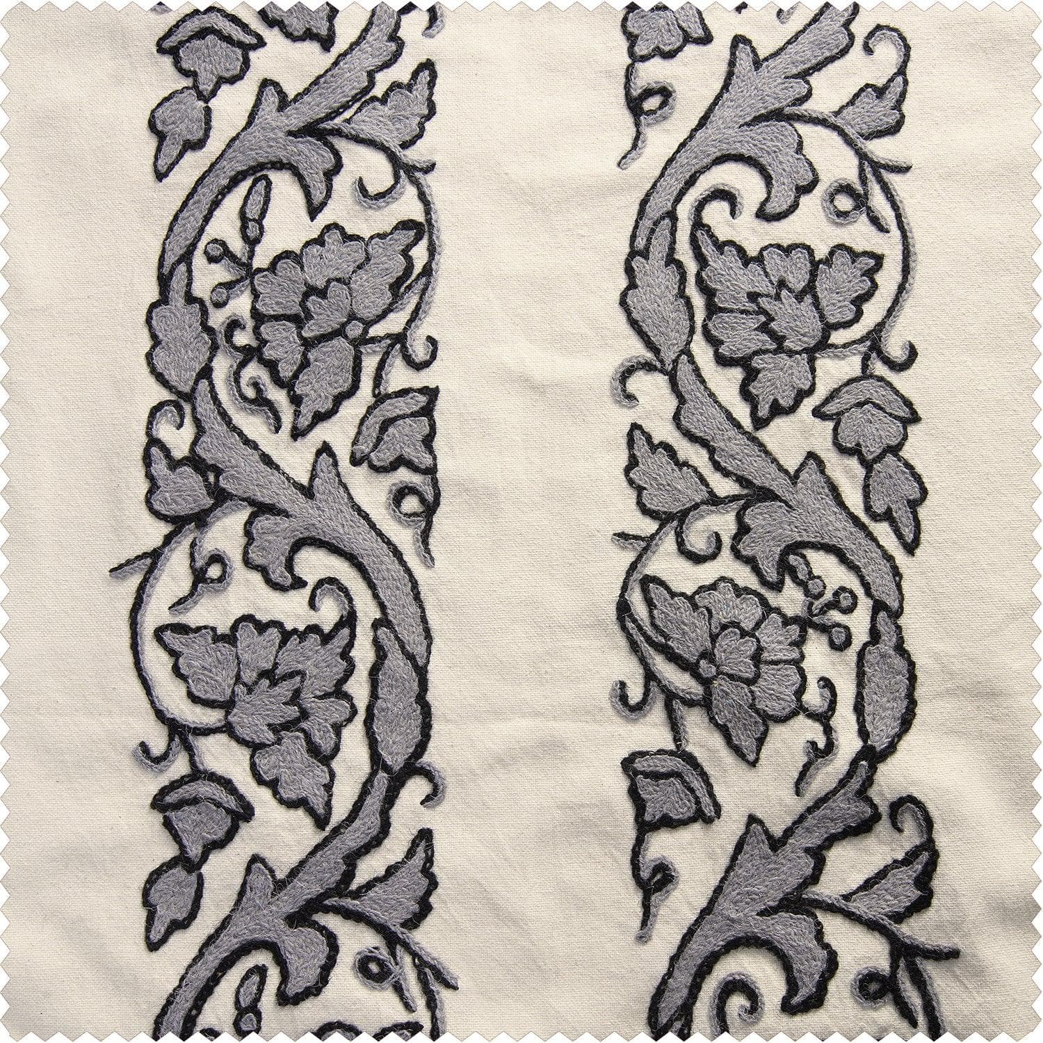 Florence Grey Embroidered Cotton Crewel Swatch