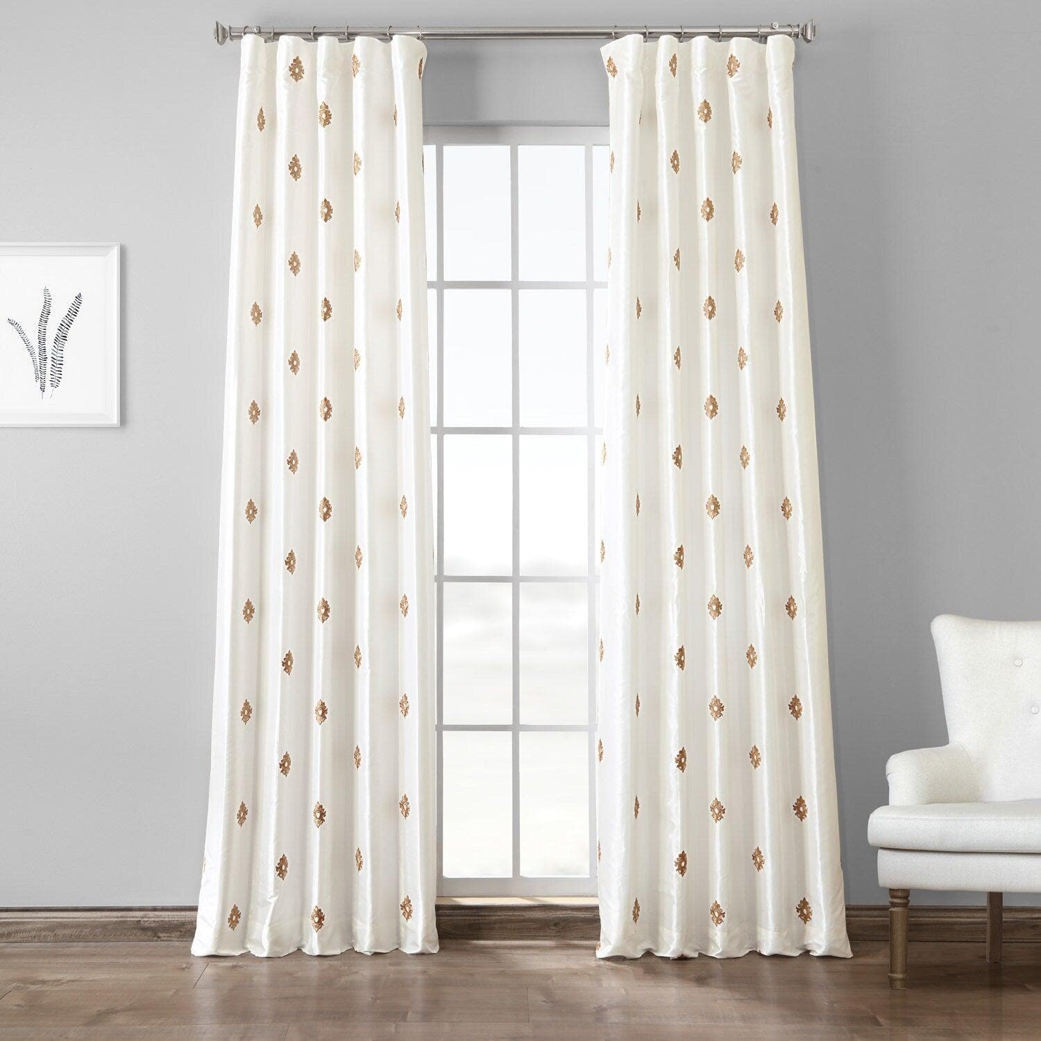 Trophy Gold & White Embroidered Designer Faux Silk Curtain