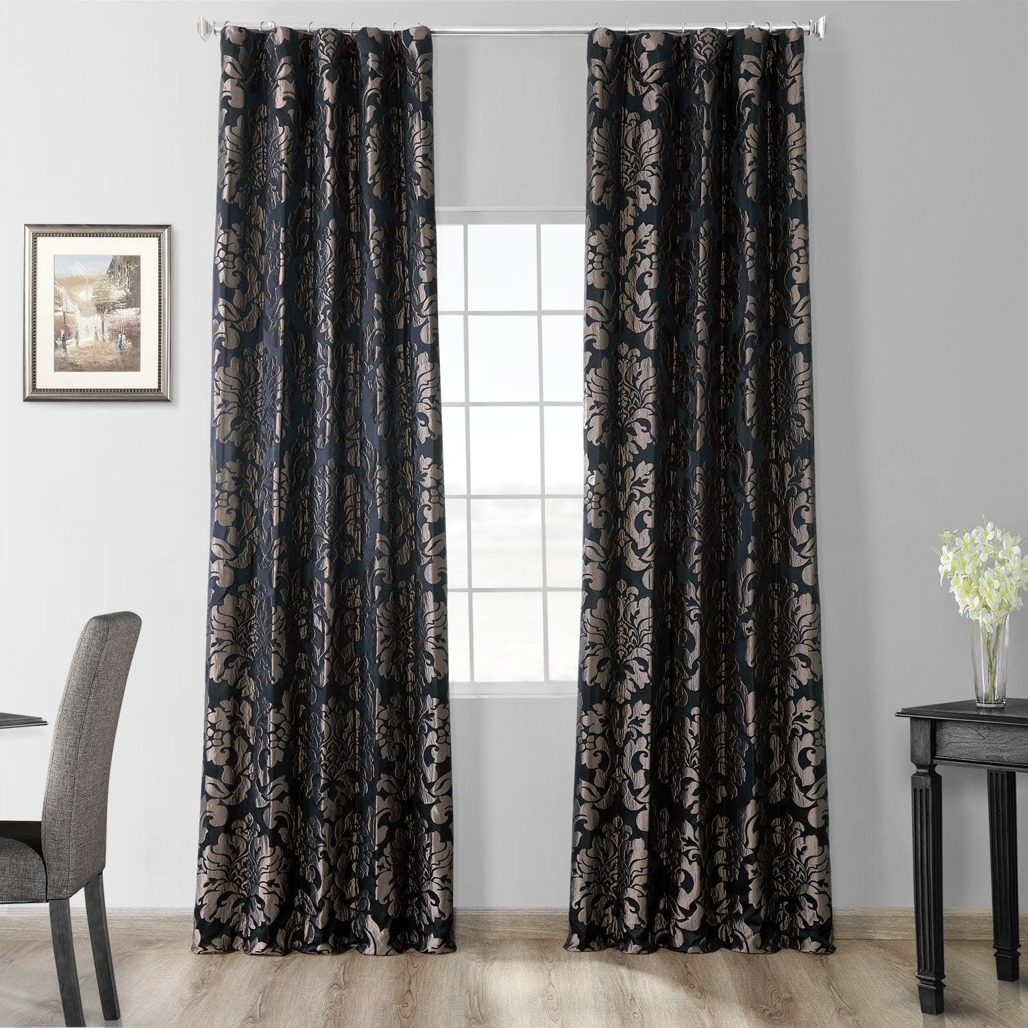 Astoria Black & Pewter Faux Silk Jacquard Curtain