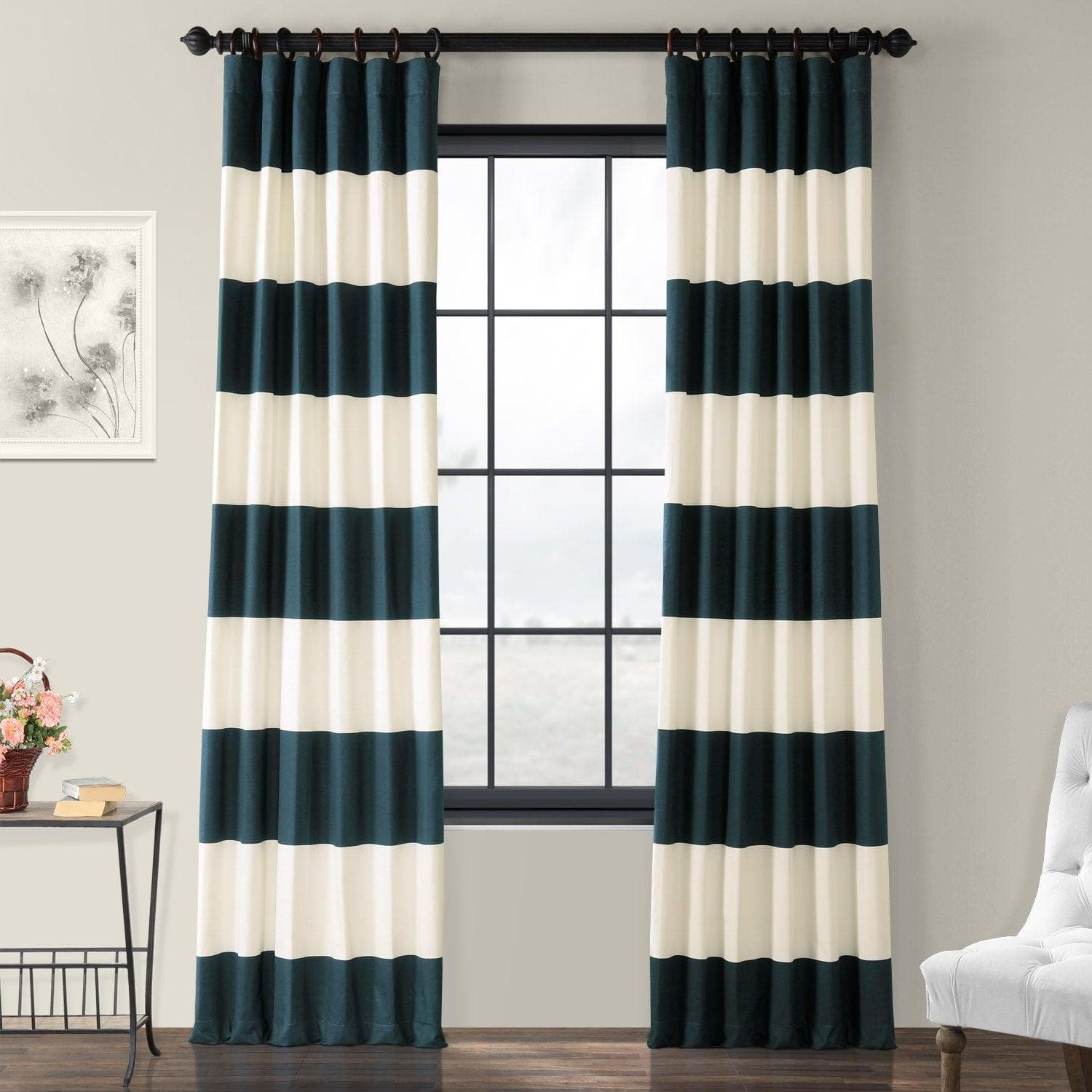 Dusk Blue & Off White Horizontal Striped Printed Cotton Curtain