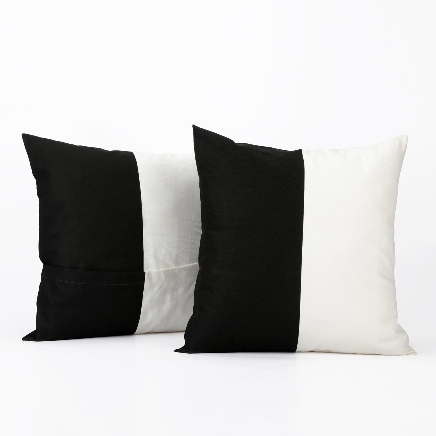 Onyx Black &amp; Off White Striped Printed Cotton Cushion Covers - Pair