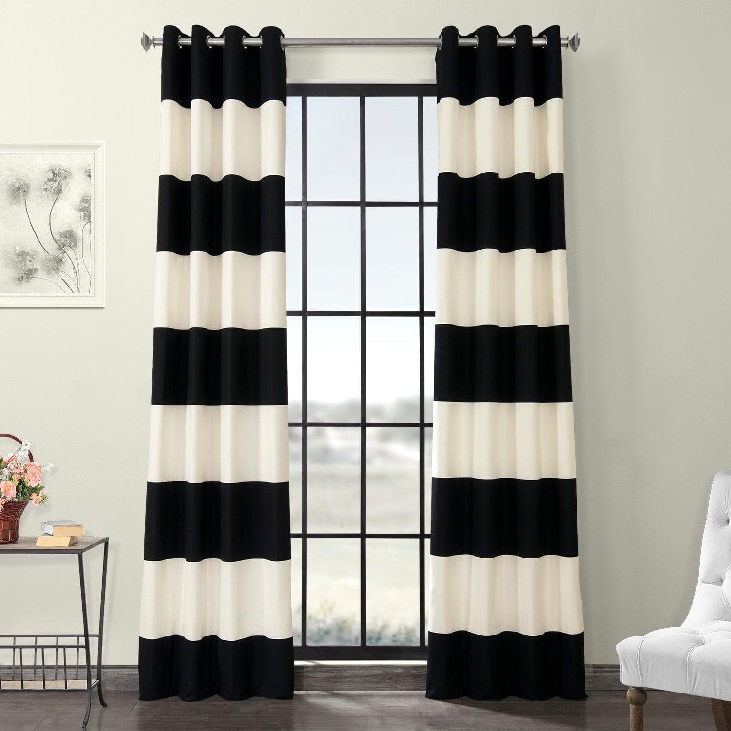 Onyx Black & Off White Horizontal Striped Grommet Printed Cotton Curtain