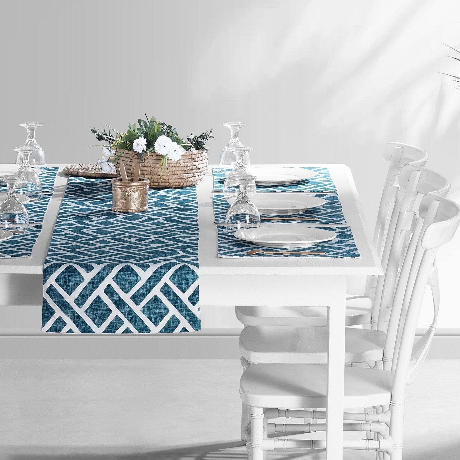 Martinique Blue Printed Cotton Table Runner &amp; Placemats