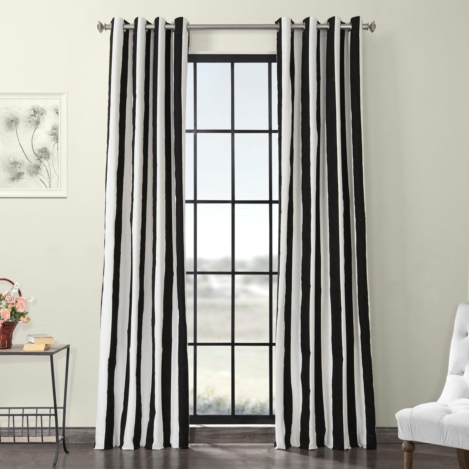 Cabana Black Grommet Printed Cotton Curtain