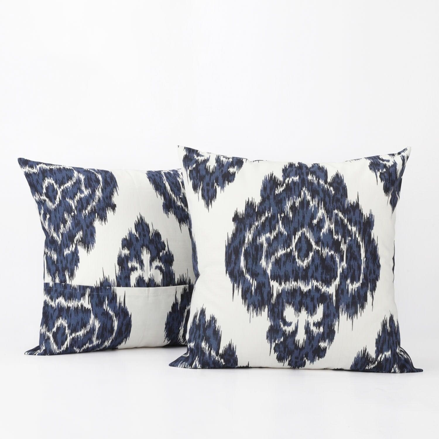 Ikat Blue Printed Cotton Cushion Covers - Pair