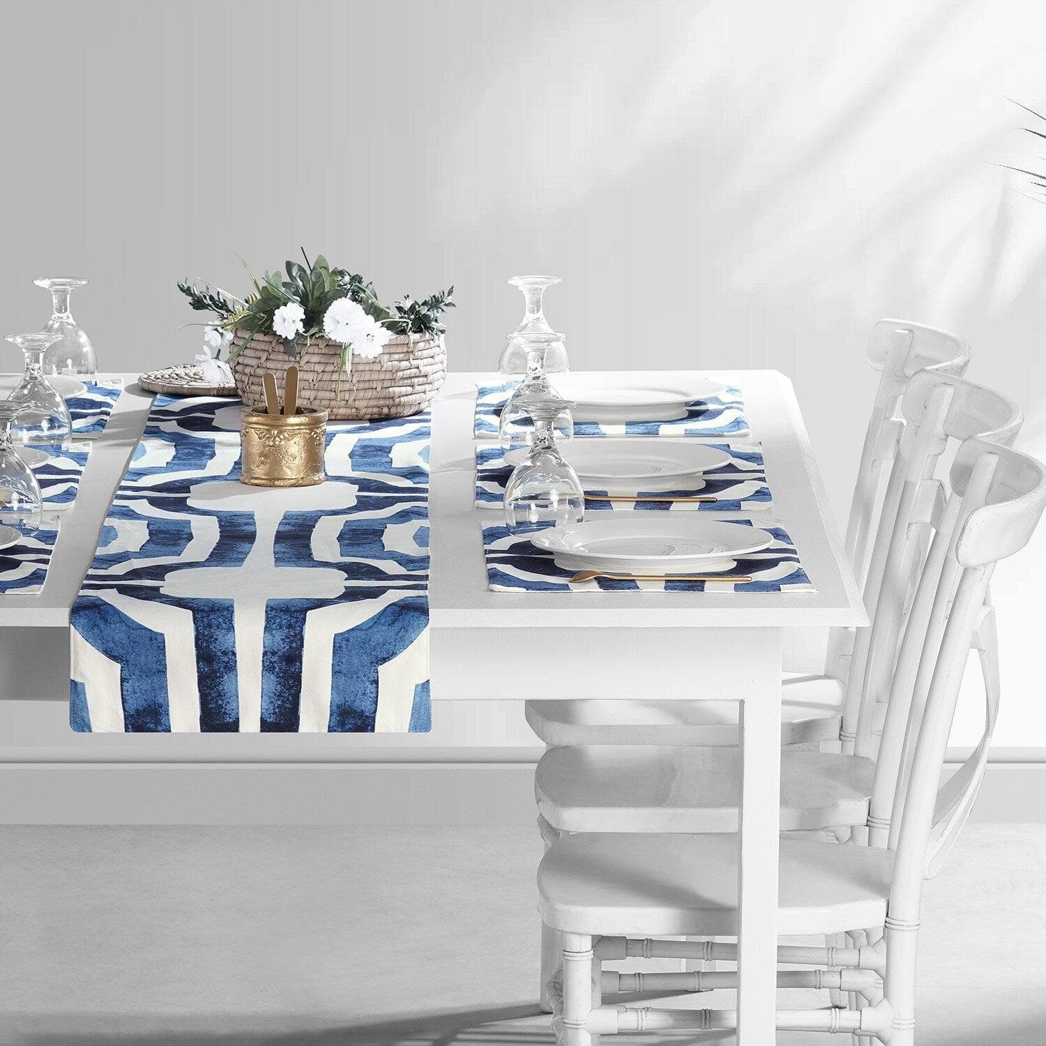Mecca Blue Printed Cotton Table Runner &amp; Placemats