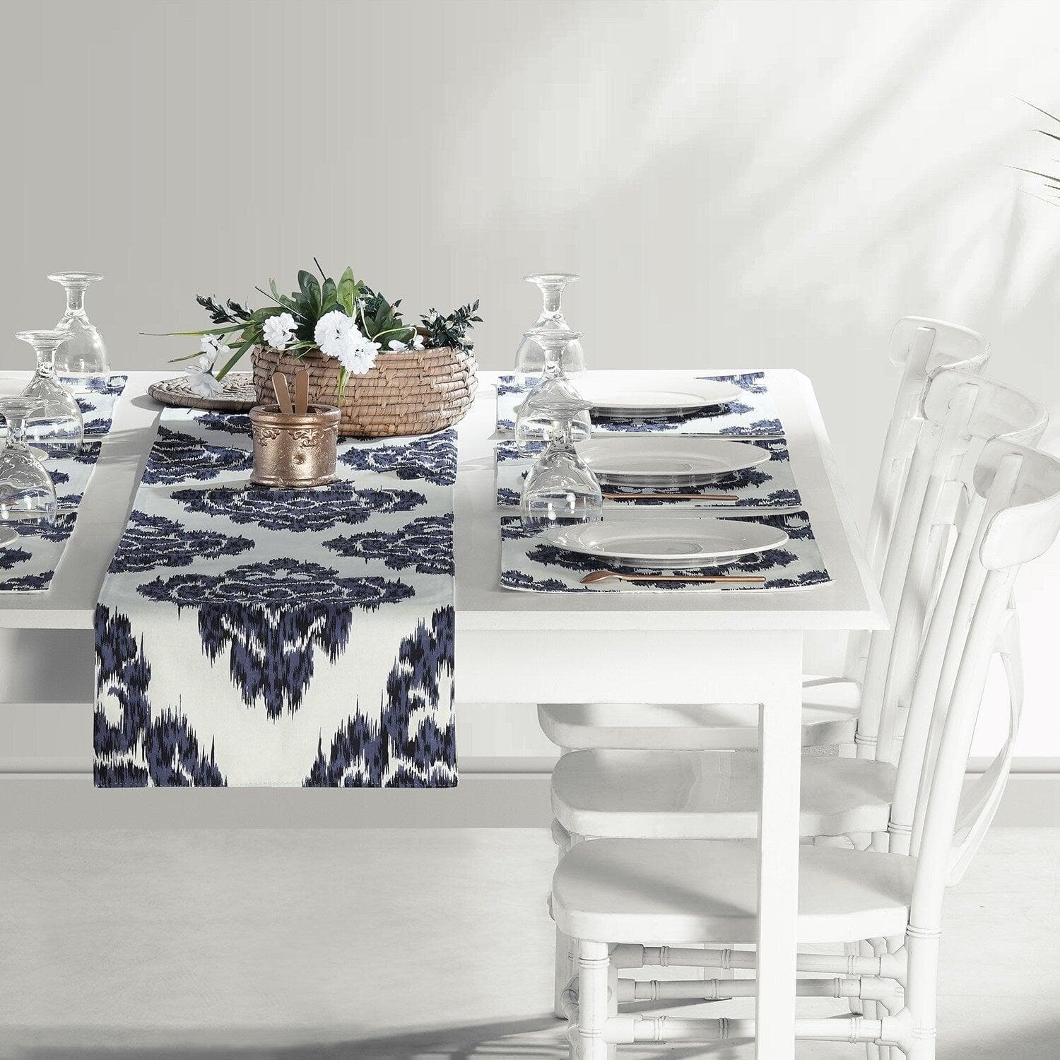 Ikat Blue Printed Cotton Table Runner & Placemats