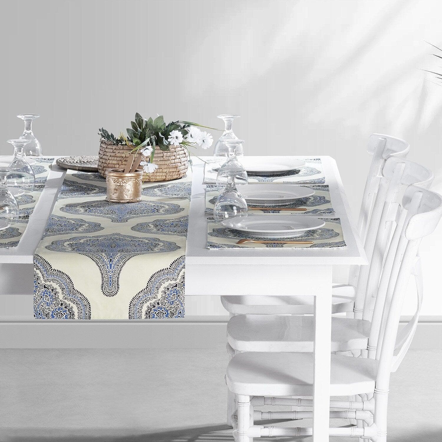 Arabesque Blue Printed Cotton Table Runner & Placemats