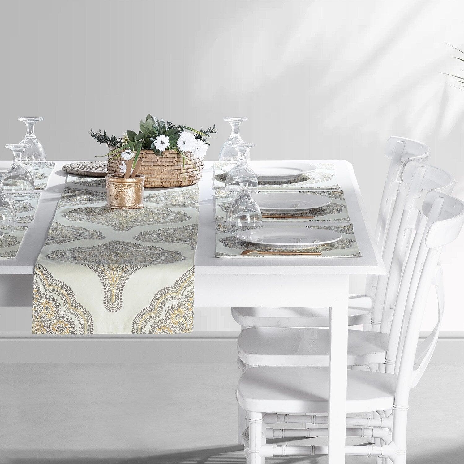Arabesque Tan Printed Cotton Table Runner & Placemats