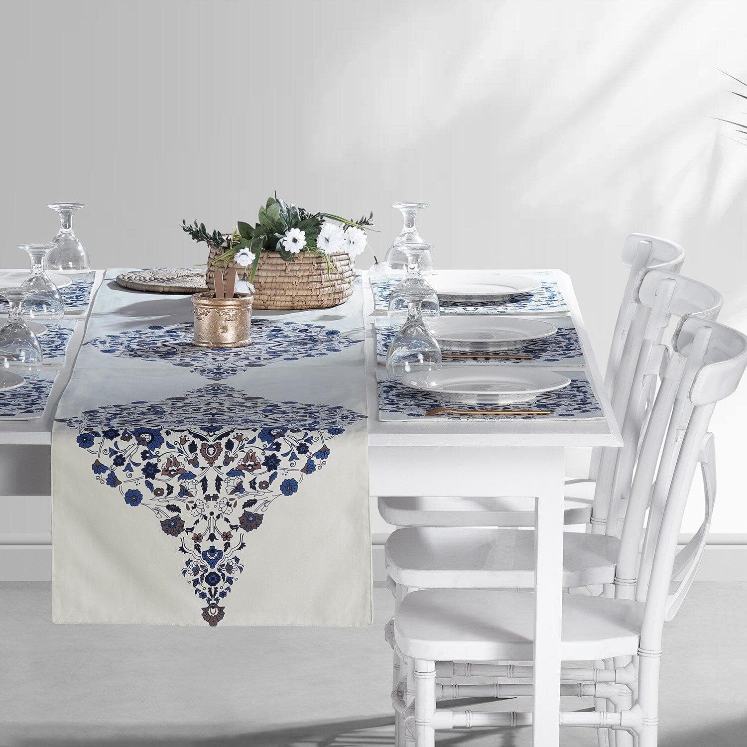 Kerala Blue Printed Cotton Table Runner &amp; Placemats
