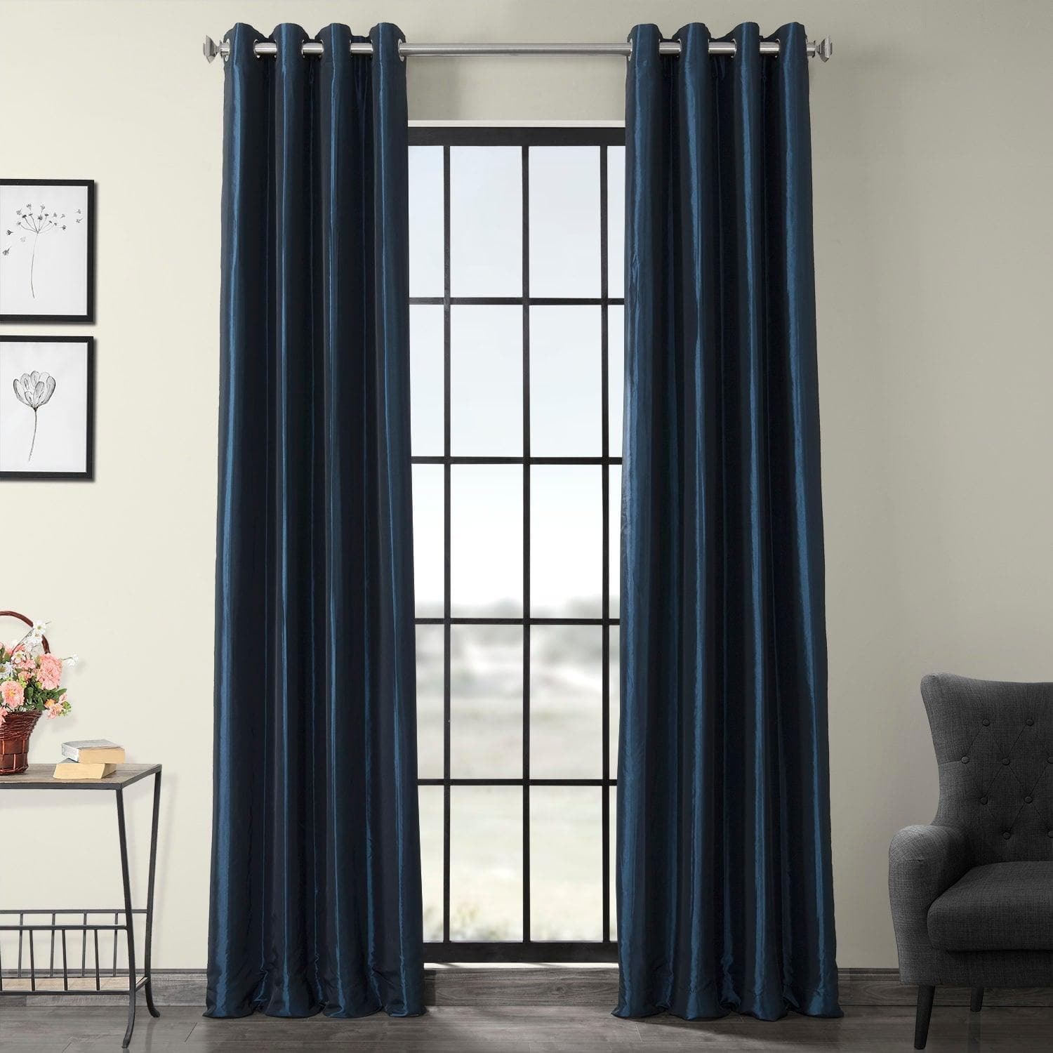 Navy Blue Grommet Faux Silk Taffeta Blackout Curtain