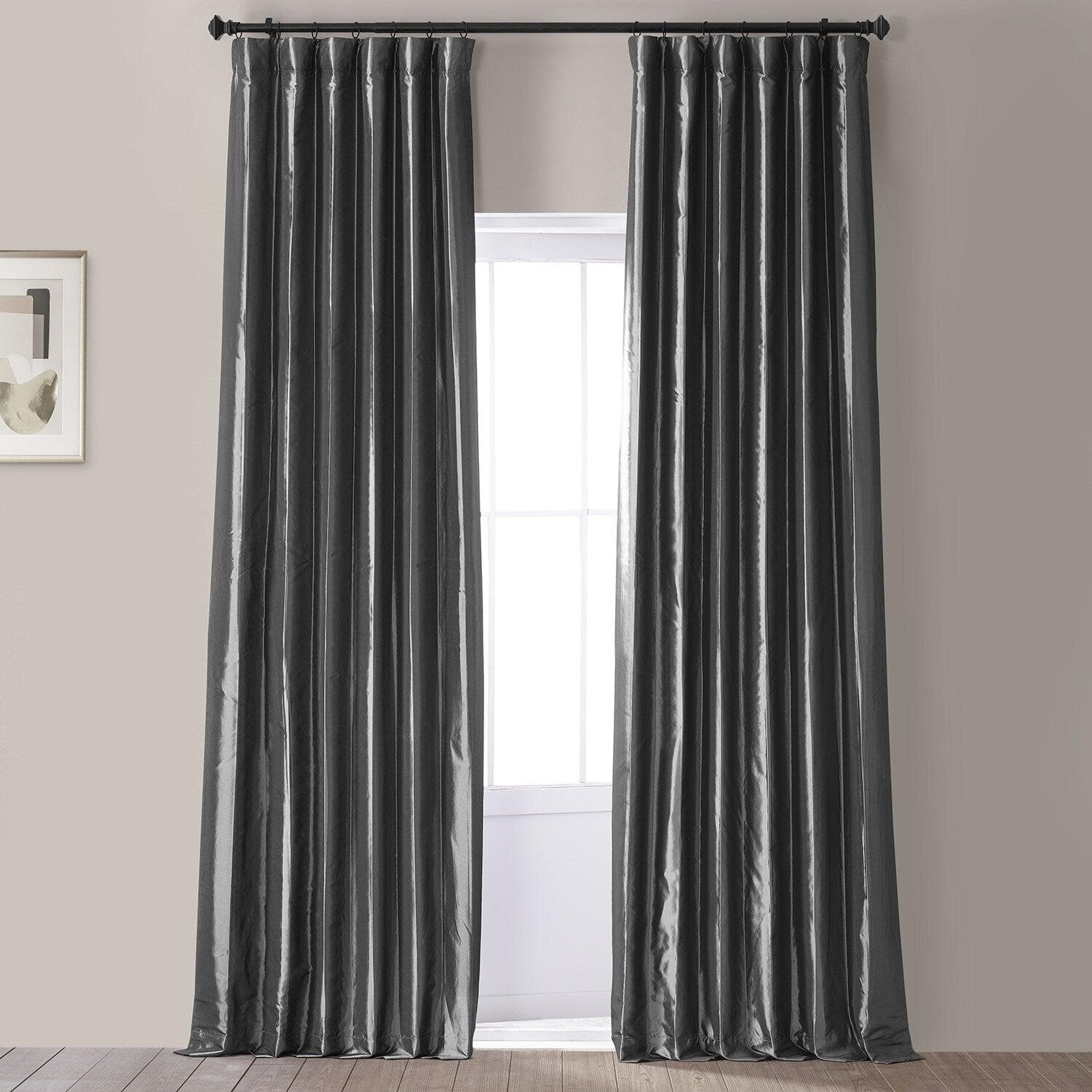 Tablet Grey Faux Silk Taffeta Hotel Blackout Curtain