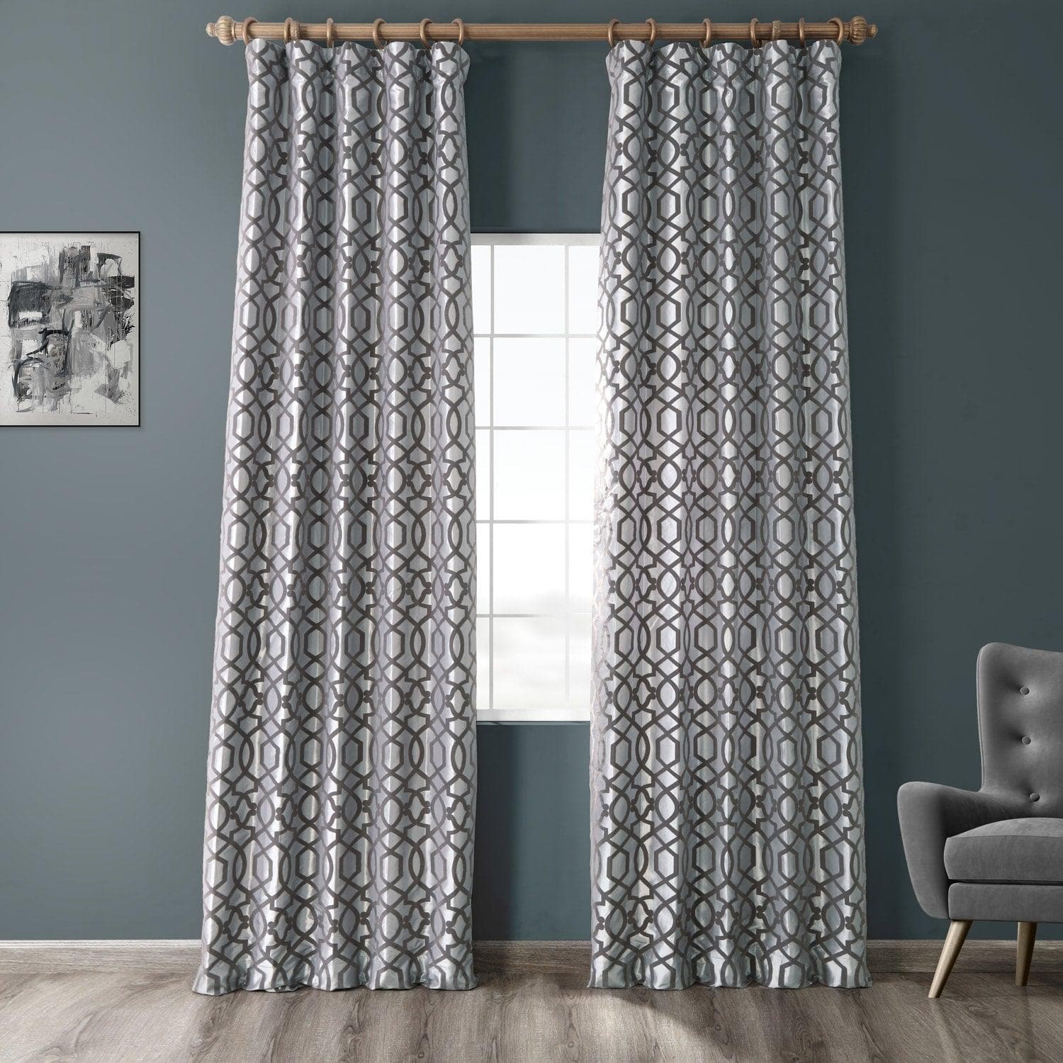 Filigree Grey & Pewter Designer Flocked Curtain