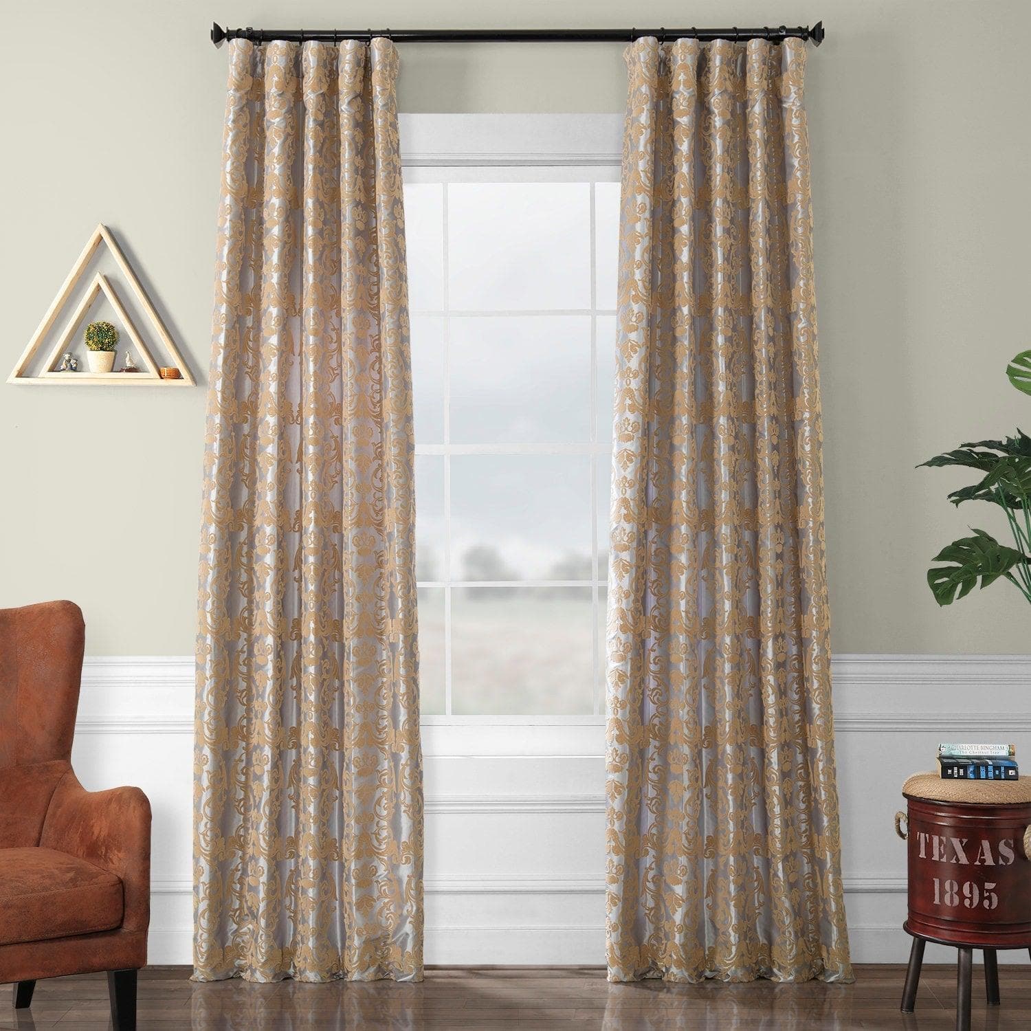 Firenze Platinum & Gold Designer Flocked Curtain