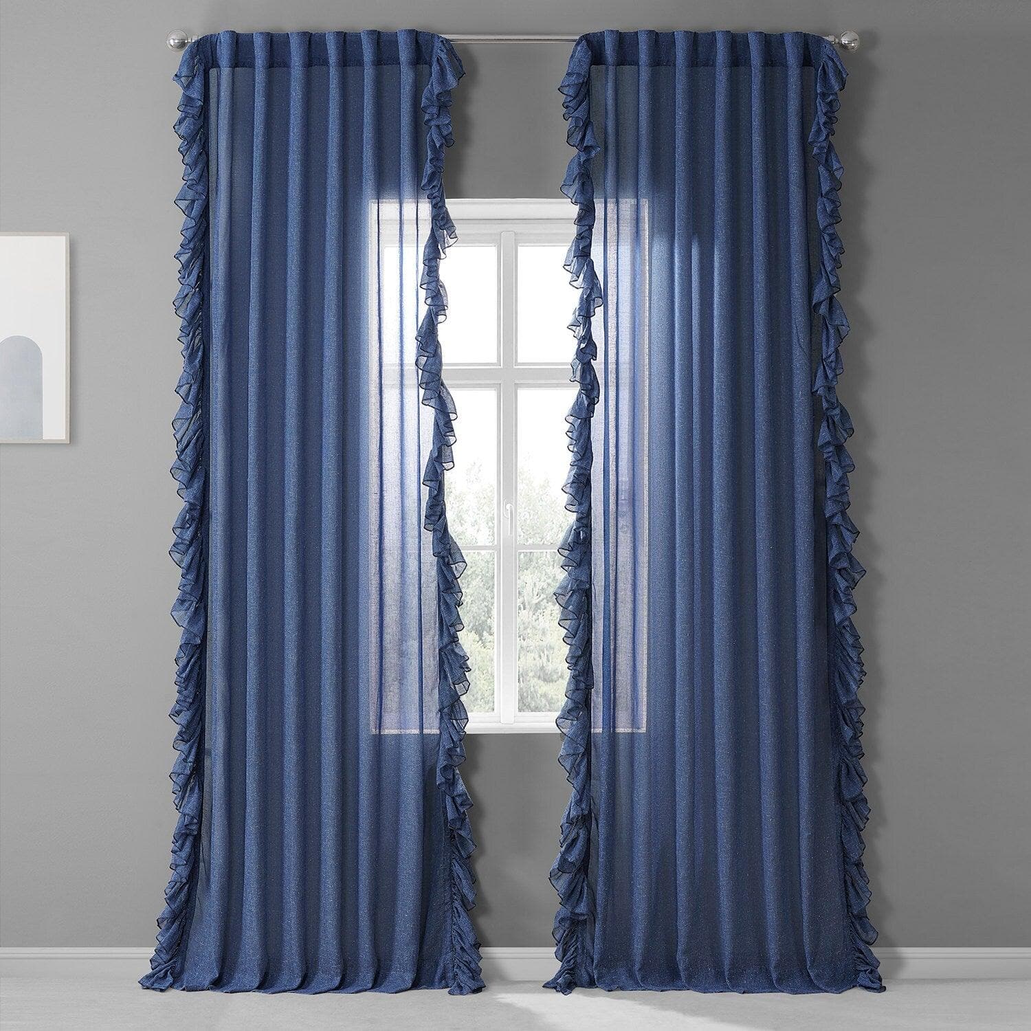 Blue Lapis Ruffled Faux Linen Sheer Curtain