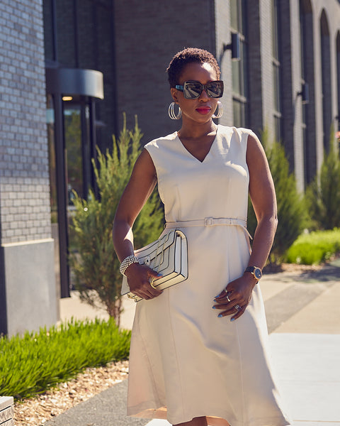 Farotelle wearing Ann Taylor Off White Belted Midi Dress with Jennifer Zeuner earrings as Spring Summer Business Professional Work Dress Outfit.