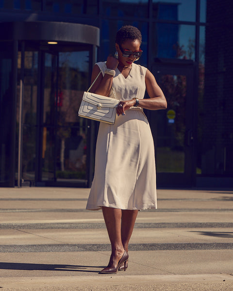 Farotelle wearing Ann Taylor Off White Belted Midi Dress with Coach Waverly Pumps and Jennifer Zeuner earrings as Spring Summer Business Professional Work Dress Outfit.